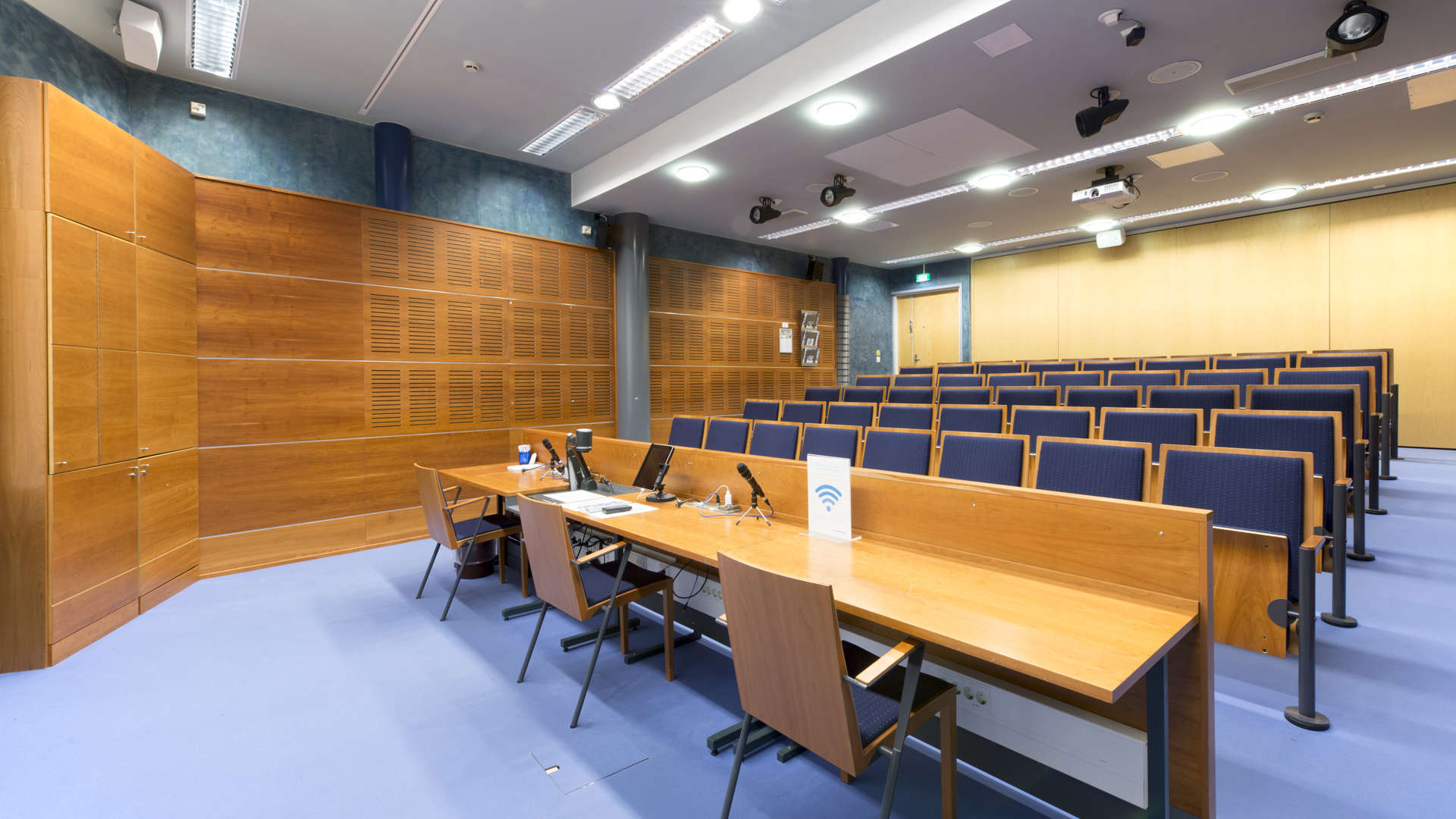 Compact auditorium suitable for small seminars (48 persons). Merged with Oulu meeting room it can host seminars with 64 participants.