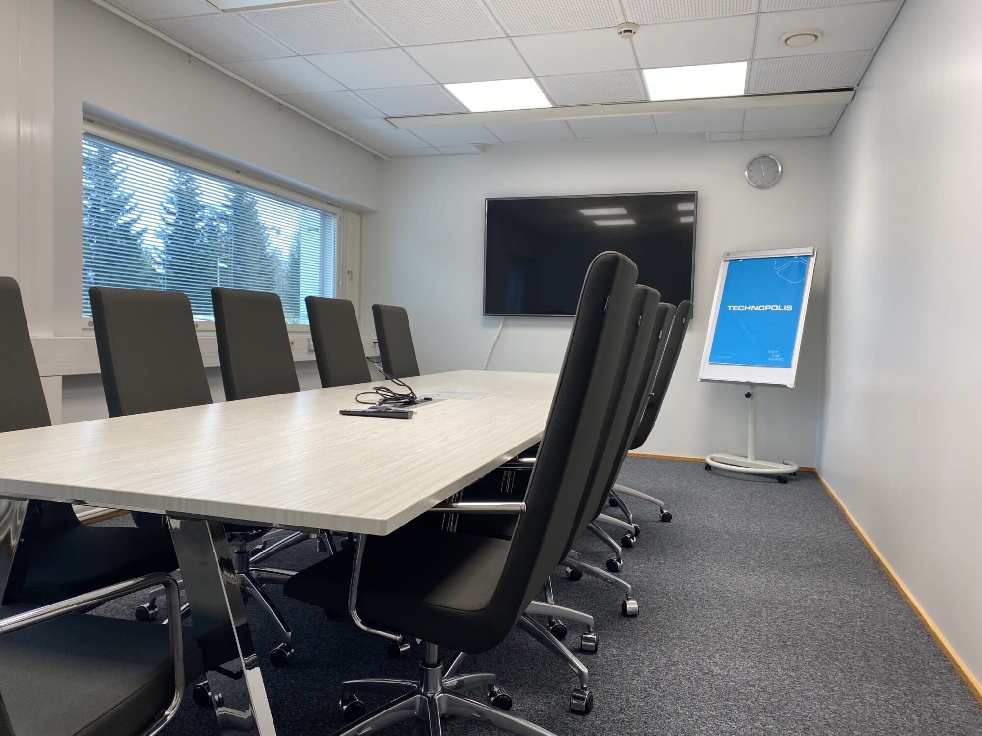 Meeting room for 11 persons with diplomat table. The room includes high speed Wi-Fi, LCD-screen and a flip chart and materials for taking notes.