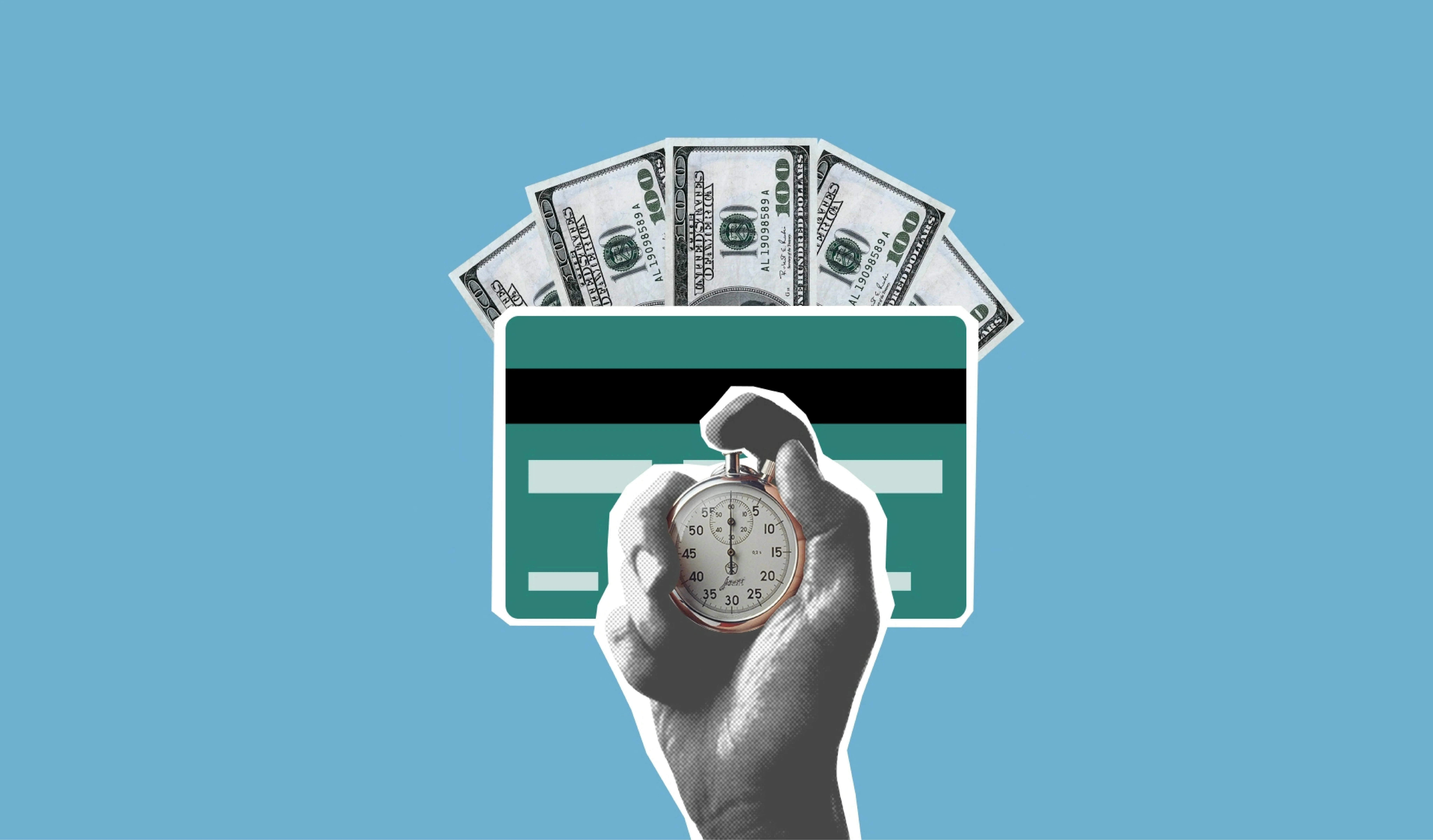 Creative collage illustrating time, money, and finance with a stopwatch and credit card