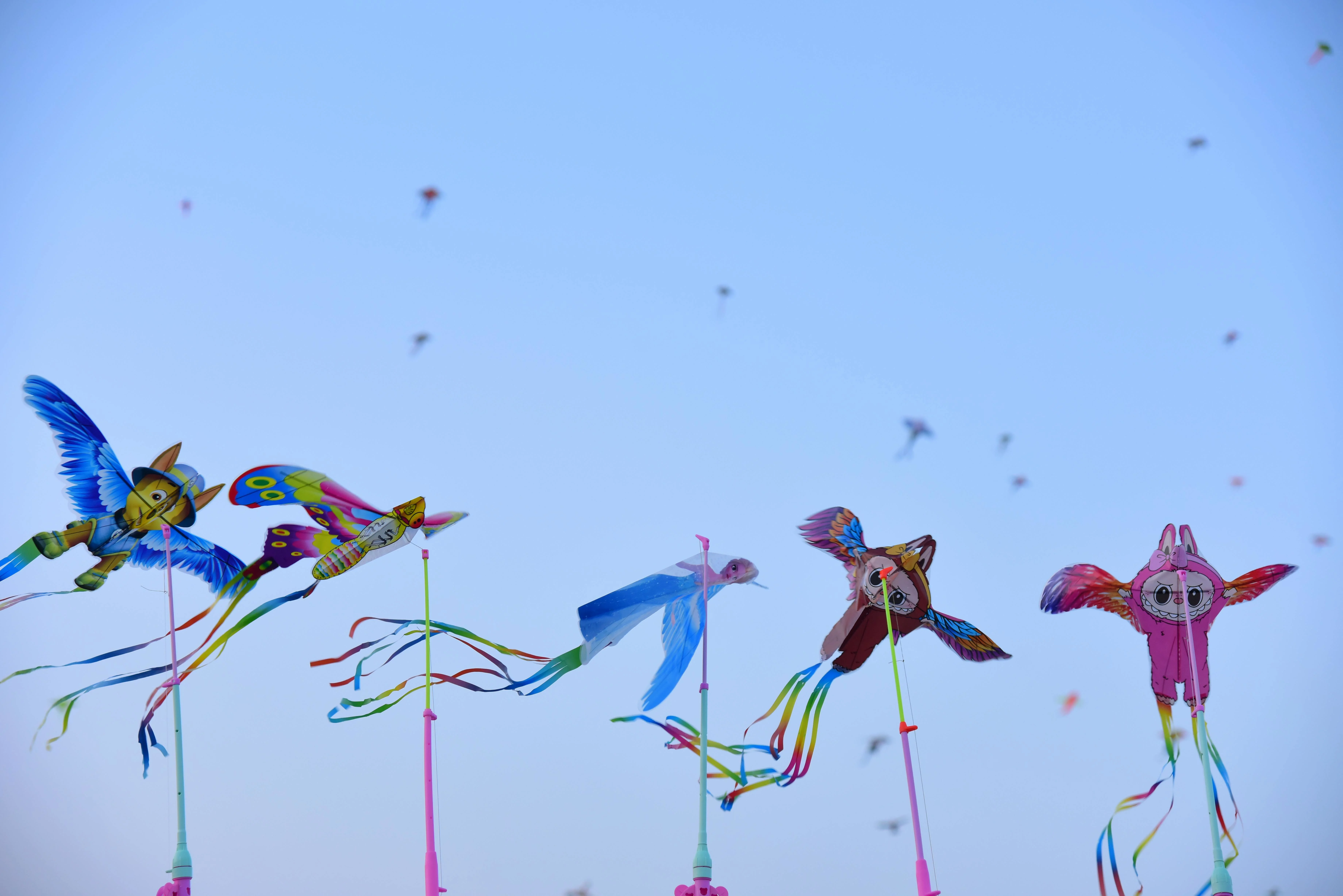 Colorful owl and bird kites flying high at a vibrant festival under a clear blue sky.