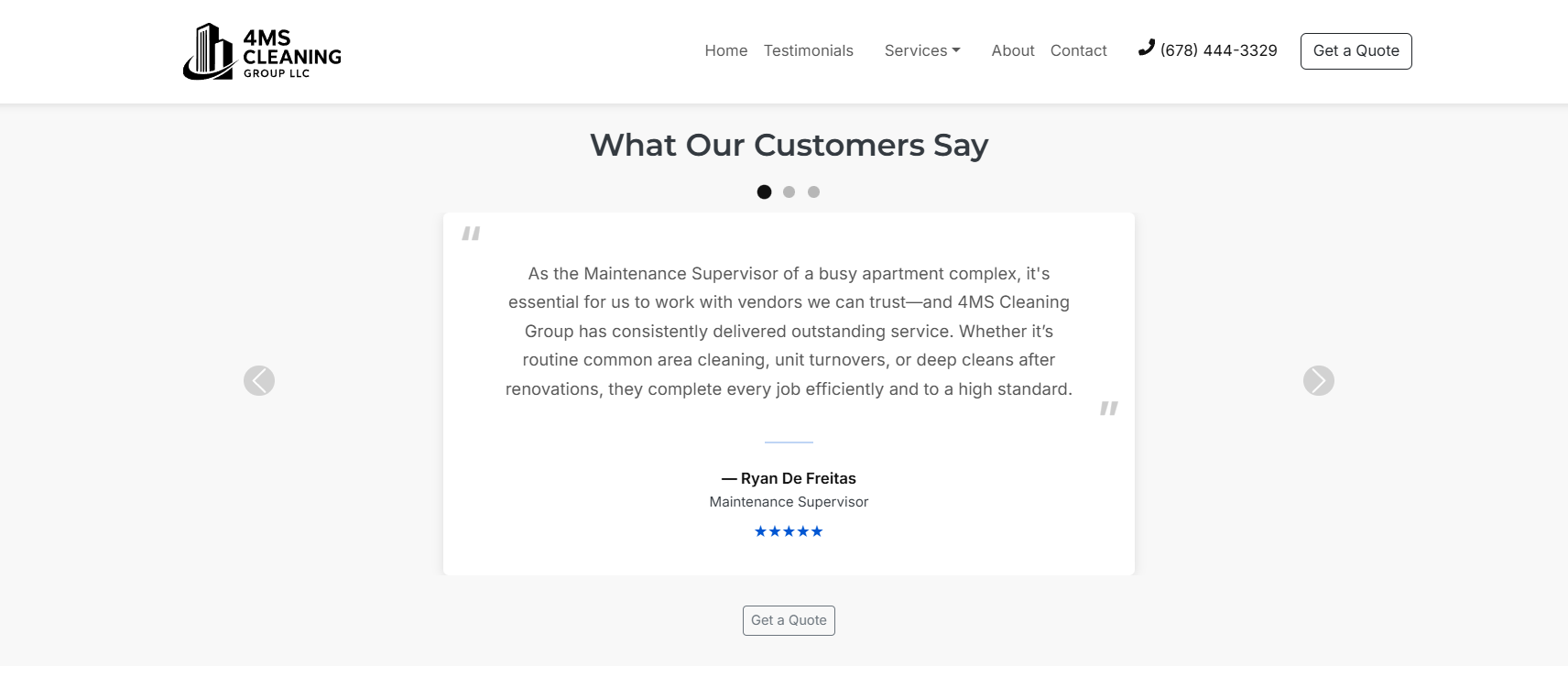 Testimonial slider showing client review and 5-star rating