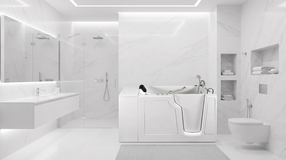 Walk-in safety tub with low-threshold entry and hydrotherapy jets installed in a Las Vegas bathroom by EZ Bath & Shower