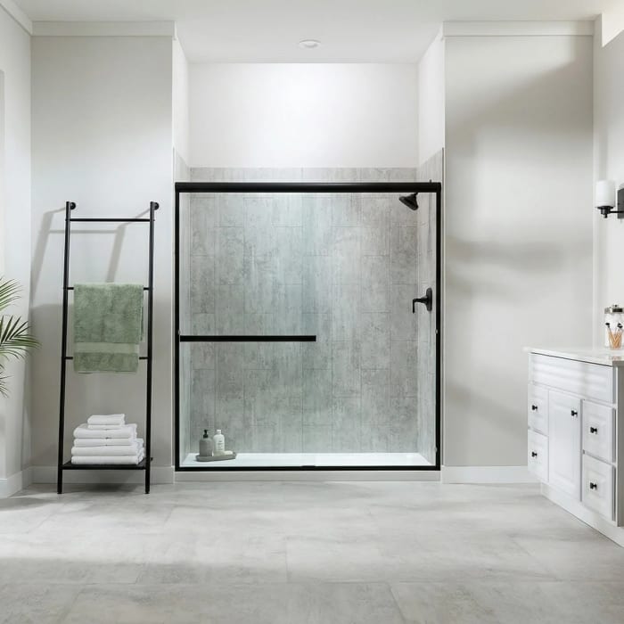 Modern walk-in shower remodel with grout-free acrylic walls in a Las Vegas bathroom by EZ Bath & Shower