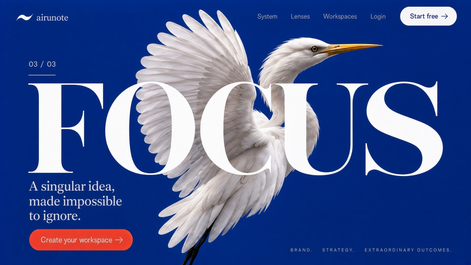HORIZN Focus — a white heron crossing monumental serif type on a vivid cobalt field