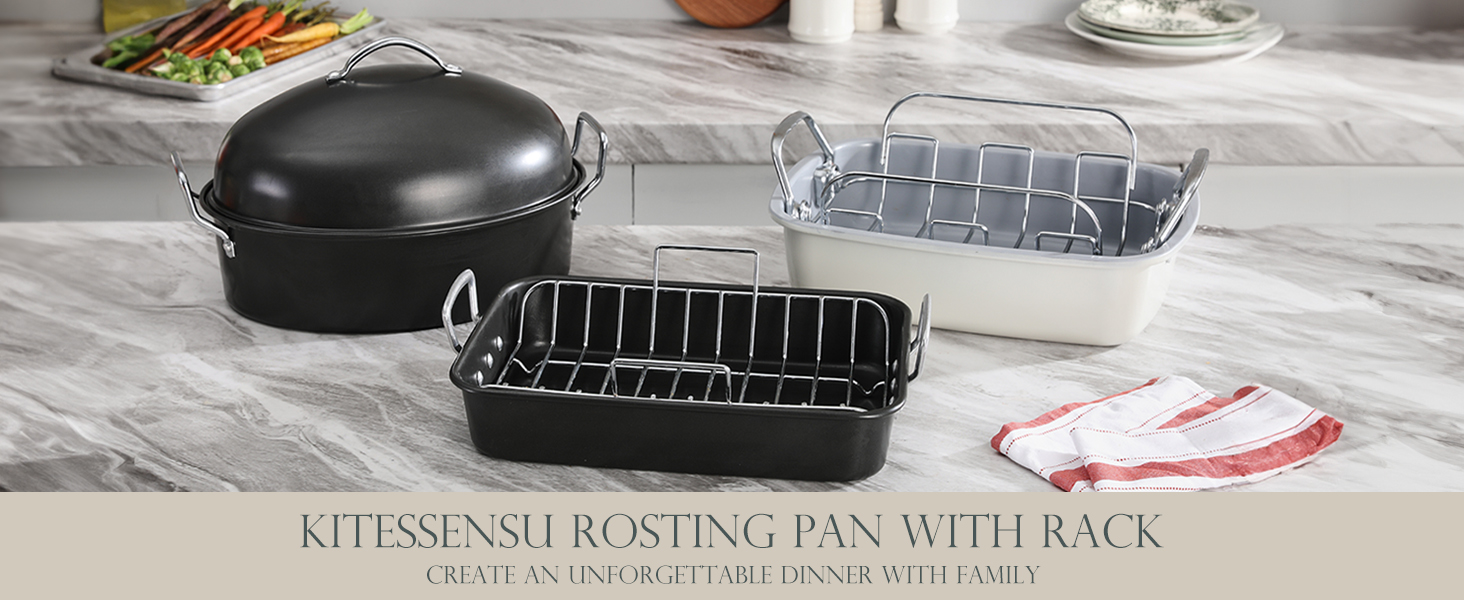 KITESSENSU Nonstick Roasting Pan with Lid - Large Turkey Roaster with Rack  16 x 12 Inch - Heavy Duty Covered Roasting Pot for Oven, Dishwasher Safe