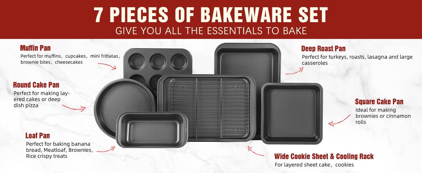 EWFEN Bakeware Sets, Baking Pans Set, Nonstick Oven Pan for Kitchen with  Wider Grips, 7-Piece with Round/Square Cake Pan, Loaf Pan, Muffin Pan,  Cookie