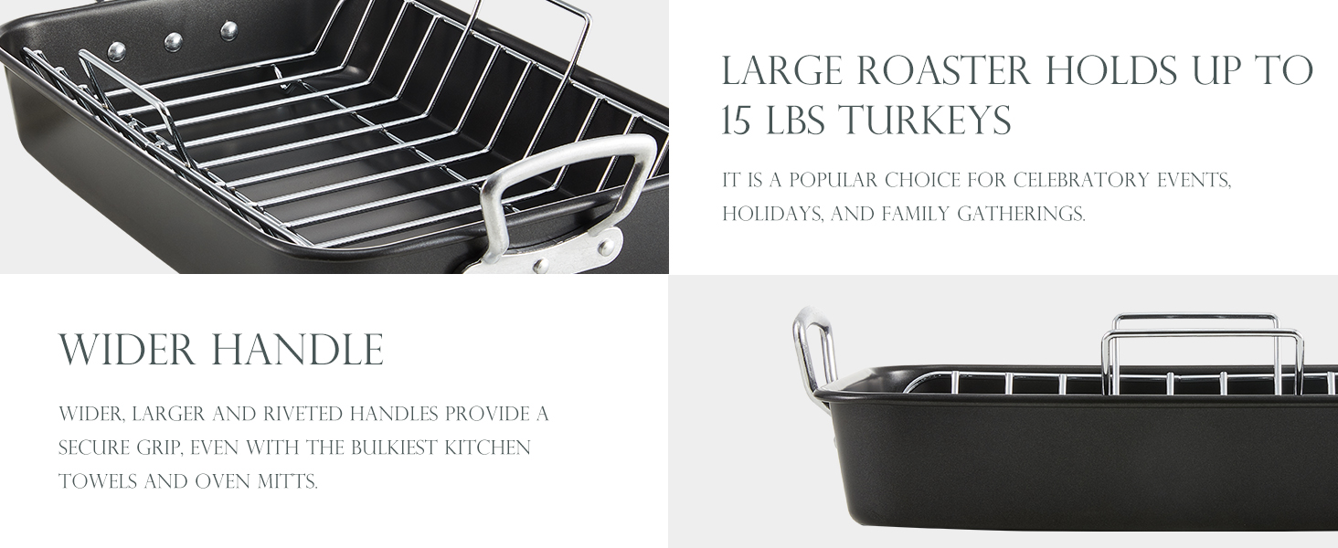 KITESSENSU Nonstick Roasting Pan with Rack 15 x 11 inch - Turkey Roaster Pan  for Ovens - Wider Handles & Heavy Duty Construction, Gray 