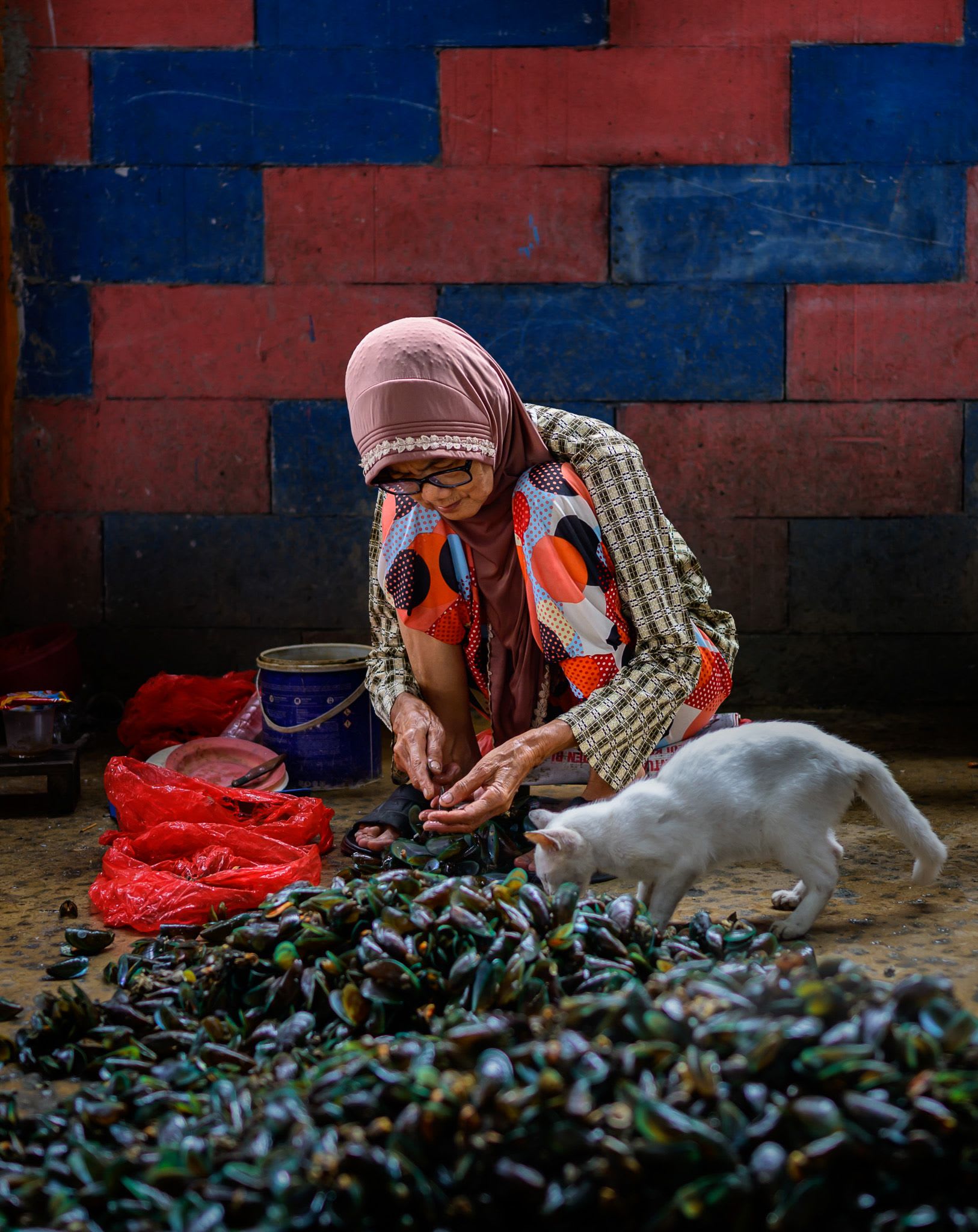 A woman in a headscarf shells mussels on the floor in front of a red and blue wall while a white cat sniffs the pile.