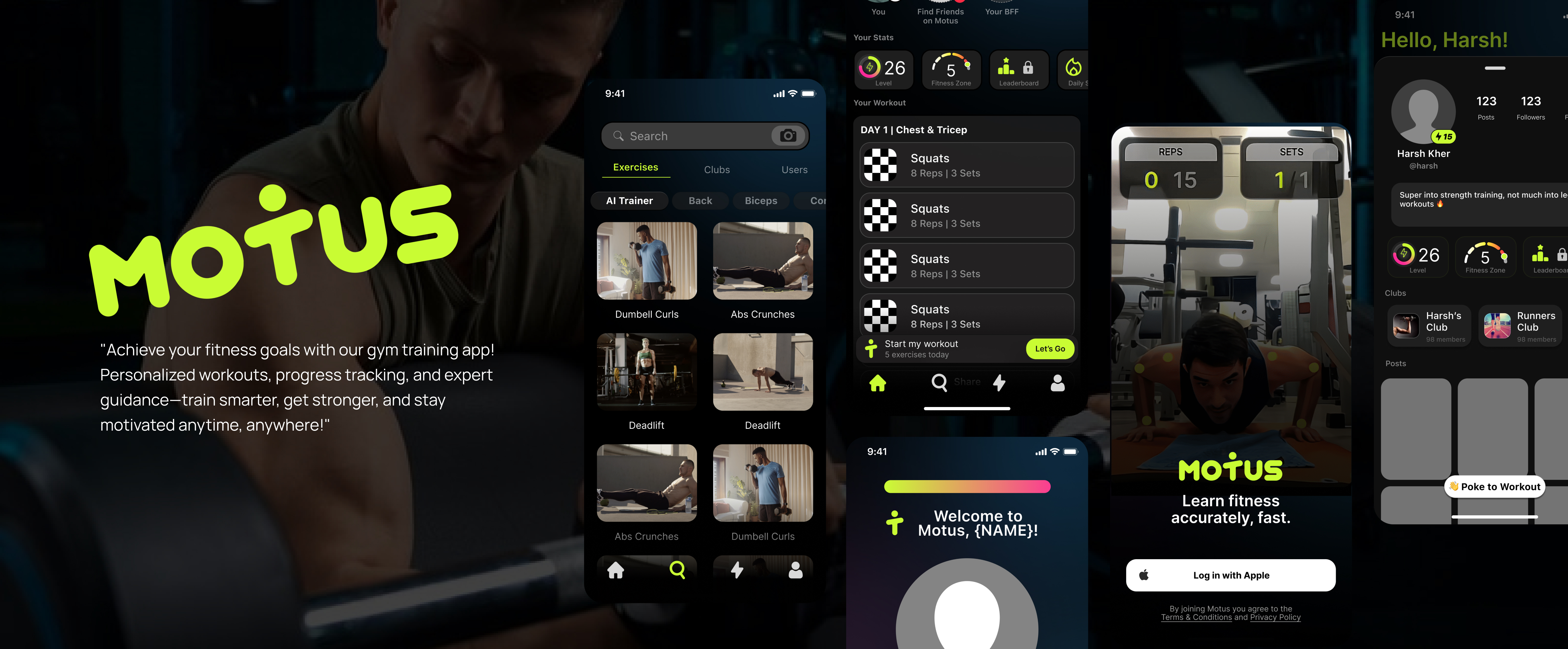 Mobile app design preview of Motus gym training app created by LoudOwls, featuring personalized workouts, progress tracking, and social fitness community features
