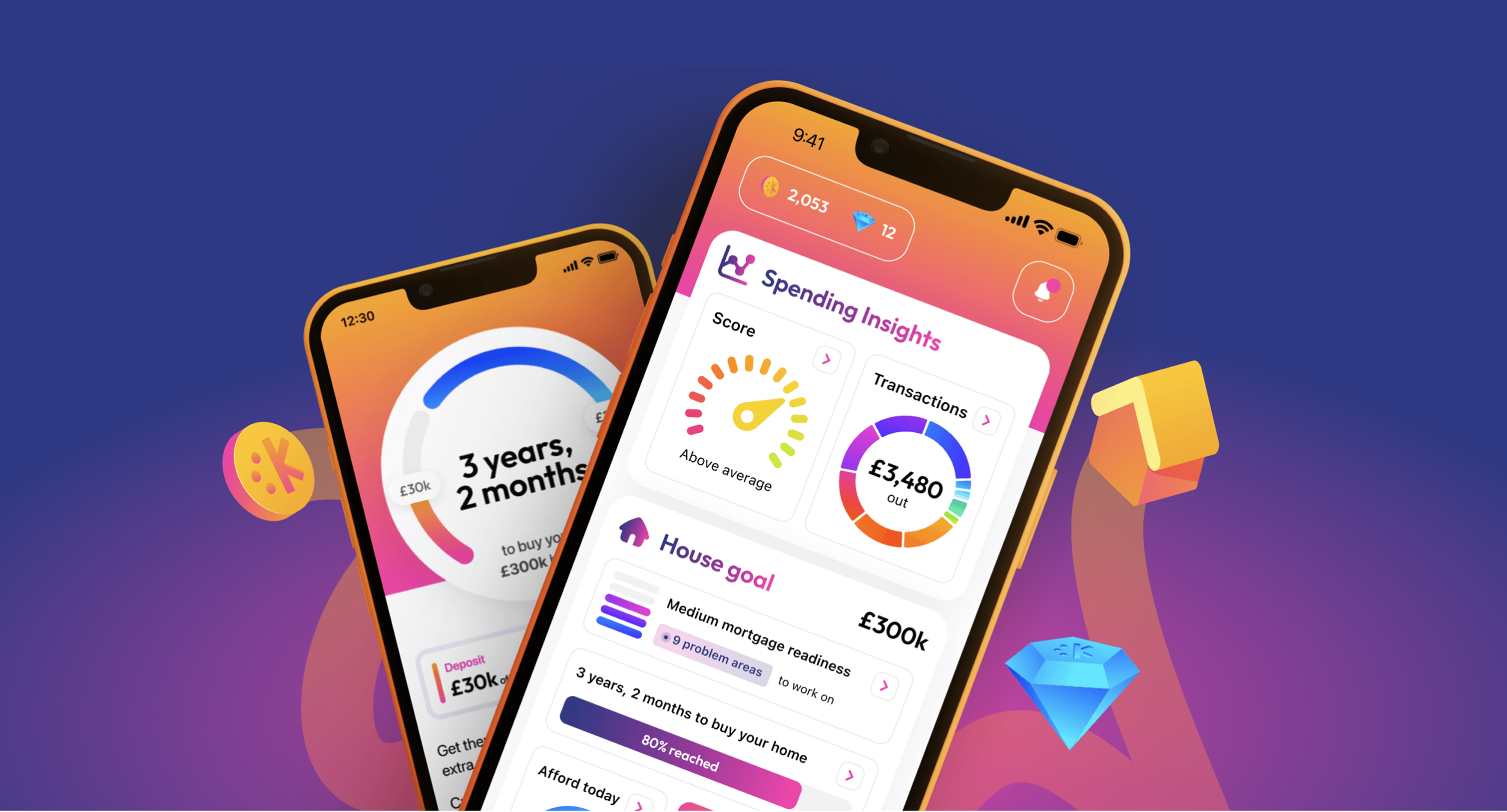 Mortgage planning mobile app design preview showcasing spending insights and house goal tracke