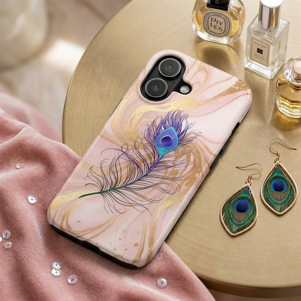 Pink Marble Peacock Feather Phone Case