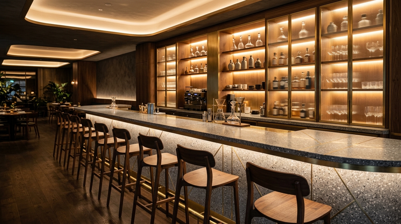 Contemporary artisanal cafe bar and restaurant counter interior design in Lucknow