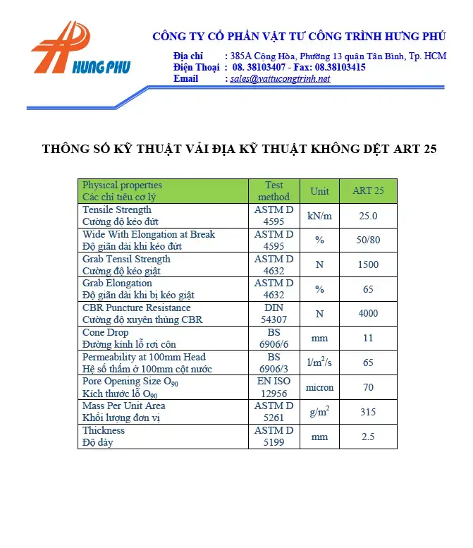 Thông số Vải địa kỹ thuật ART 25 – 25kN/m