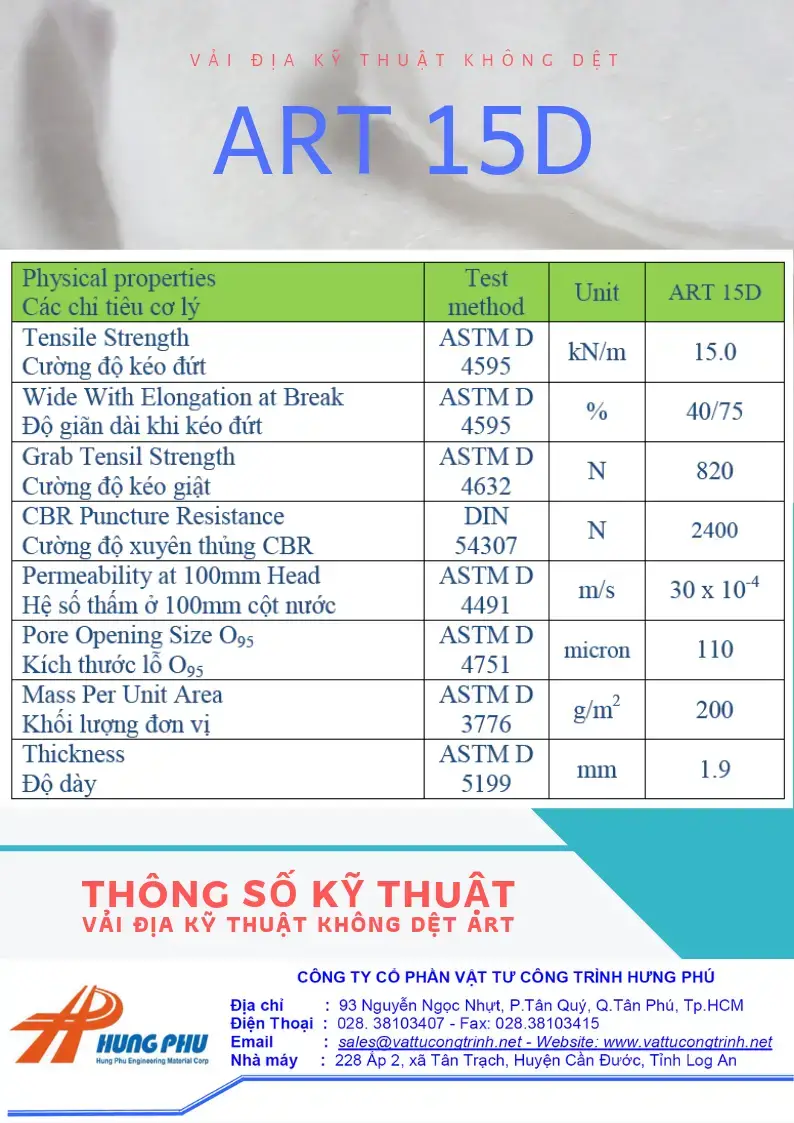 Thông số vải địa kỹ thuật ART15 - 15Kn/m
