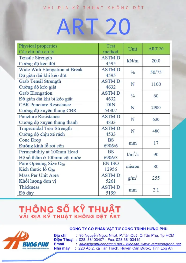 Thông số Vải địa kỹ thuật ART 20 - 20kN/m