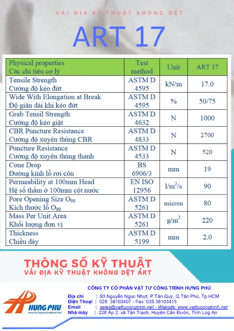 Thông số vải địa kỹ thuật art17 - Đặc điểm và ứng dụng trong xây dựng