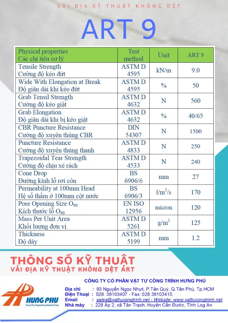 Thông số vải địa kỹ thuật ART 9 - 9kN/m