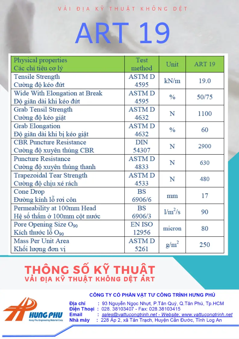 Thông số kỹ thuật của vải địa không dệt ART 9