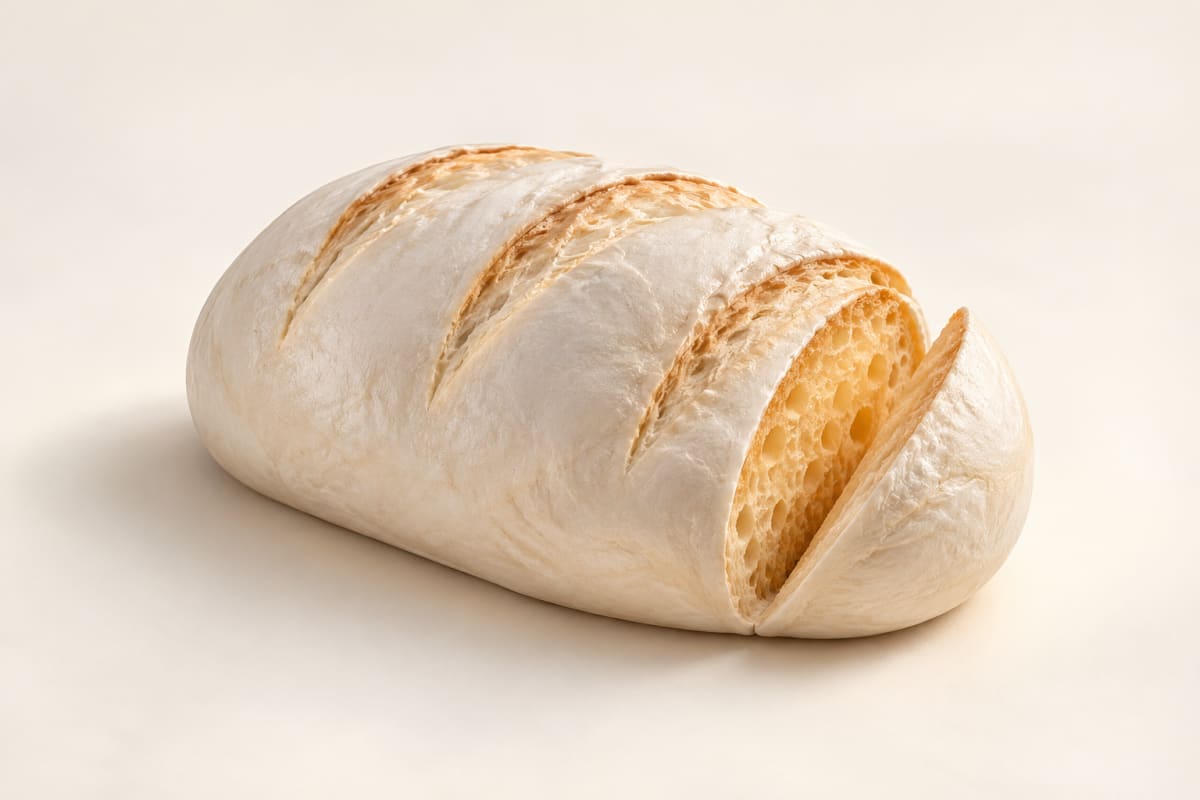A pearl-white sculptural bread loaf reveals a warm amber interior along one open slice.