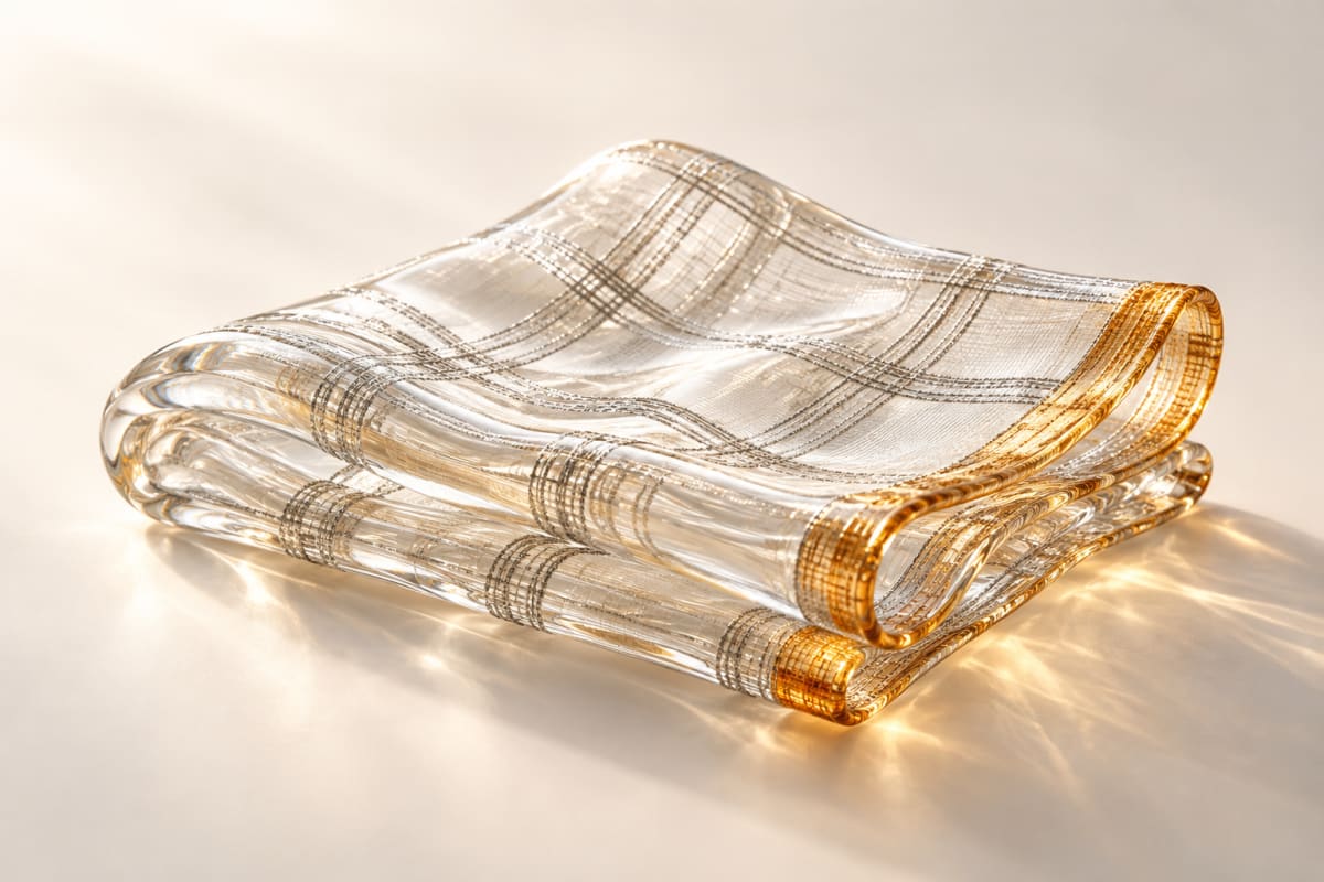 A translucent folded tea towel has a warm amber edge and delicate silver threads.
