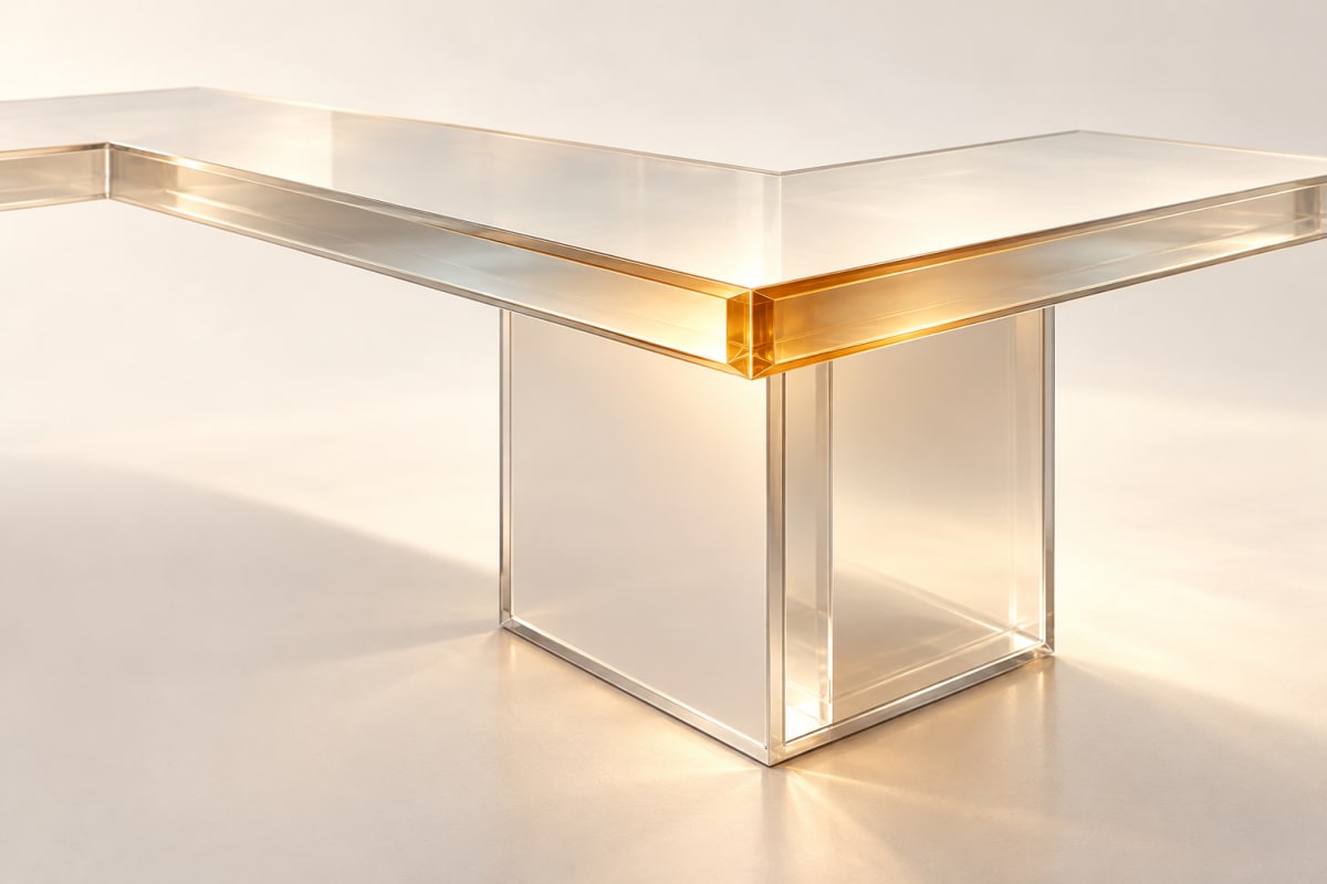 A single translucent kitchen counter corner has an amber edge and fine silver structural lines.
