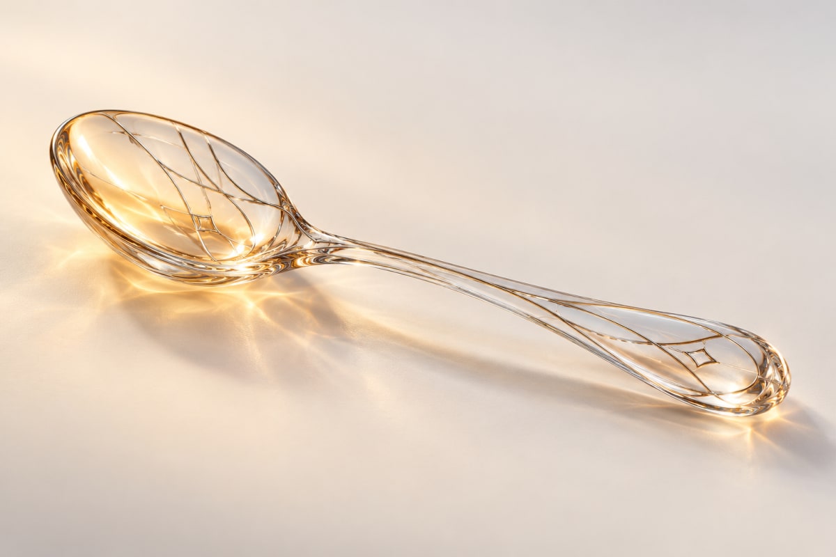A translucent spoon has a softly illuminated amber bowl and fine silver edges.