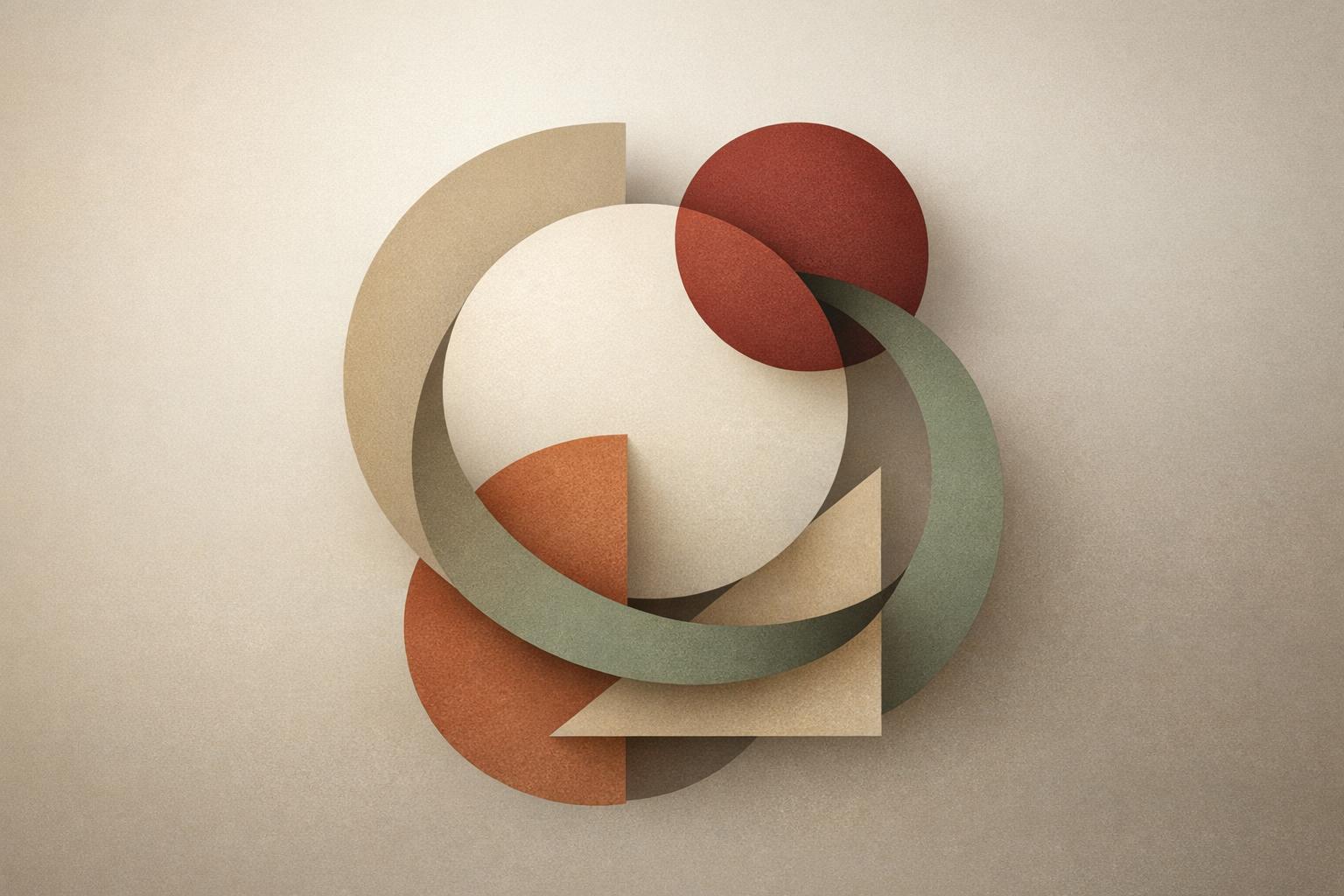 Intertwined geometric shapes in earth tones with red accents representing the cycle of power and responsibility.
