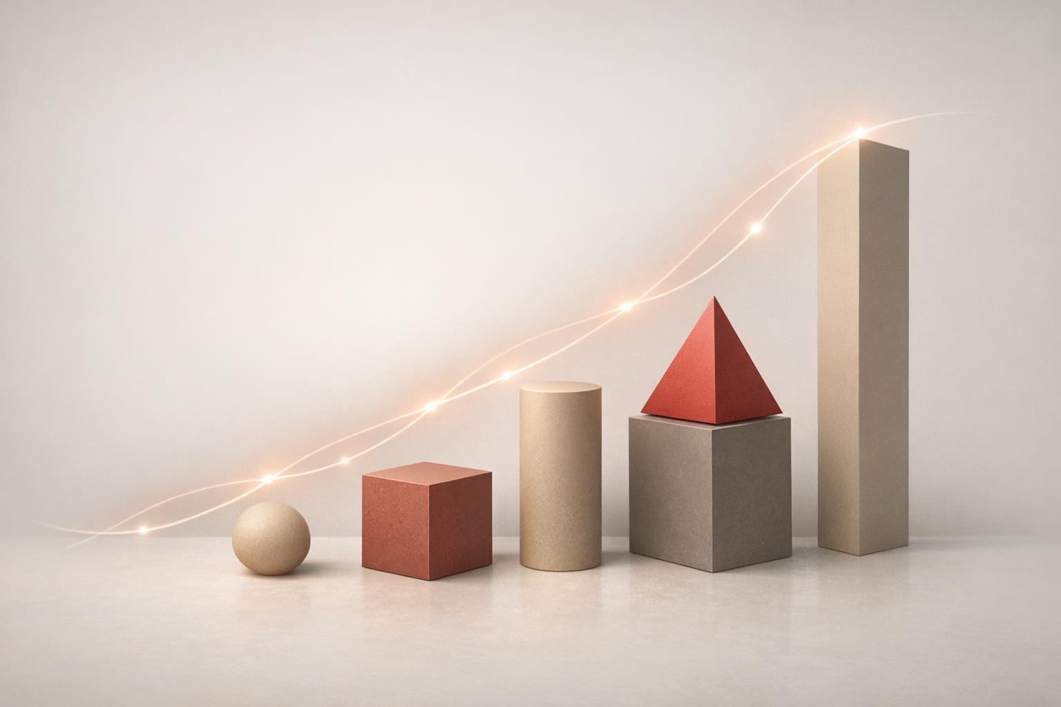 Abstract ascending geometric shapes linked by glowing lines representing growth, momentum, and the flow of personal power grounded in action

