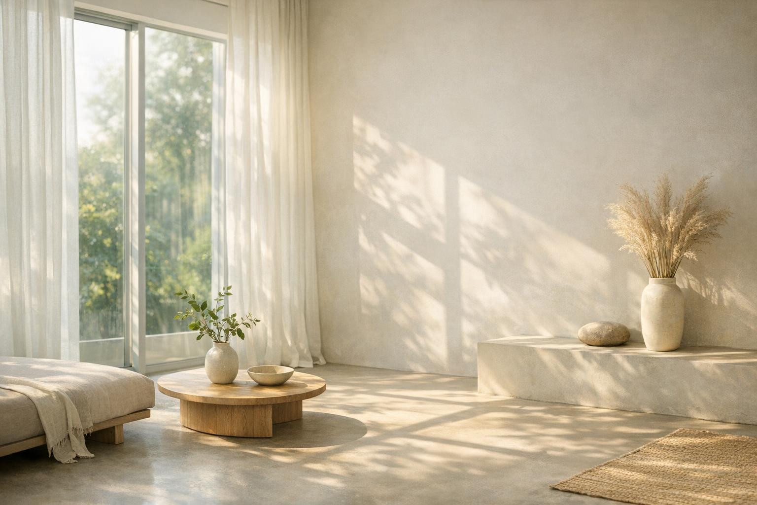 Sunlight gently illuminating a calm, minimalist room through large windows, symbolizing natural full-spectrum light and its healing energy