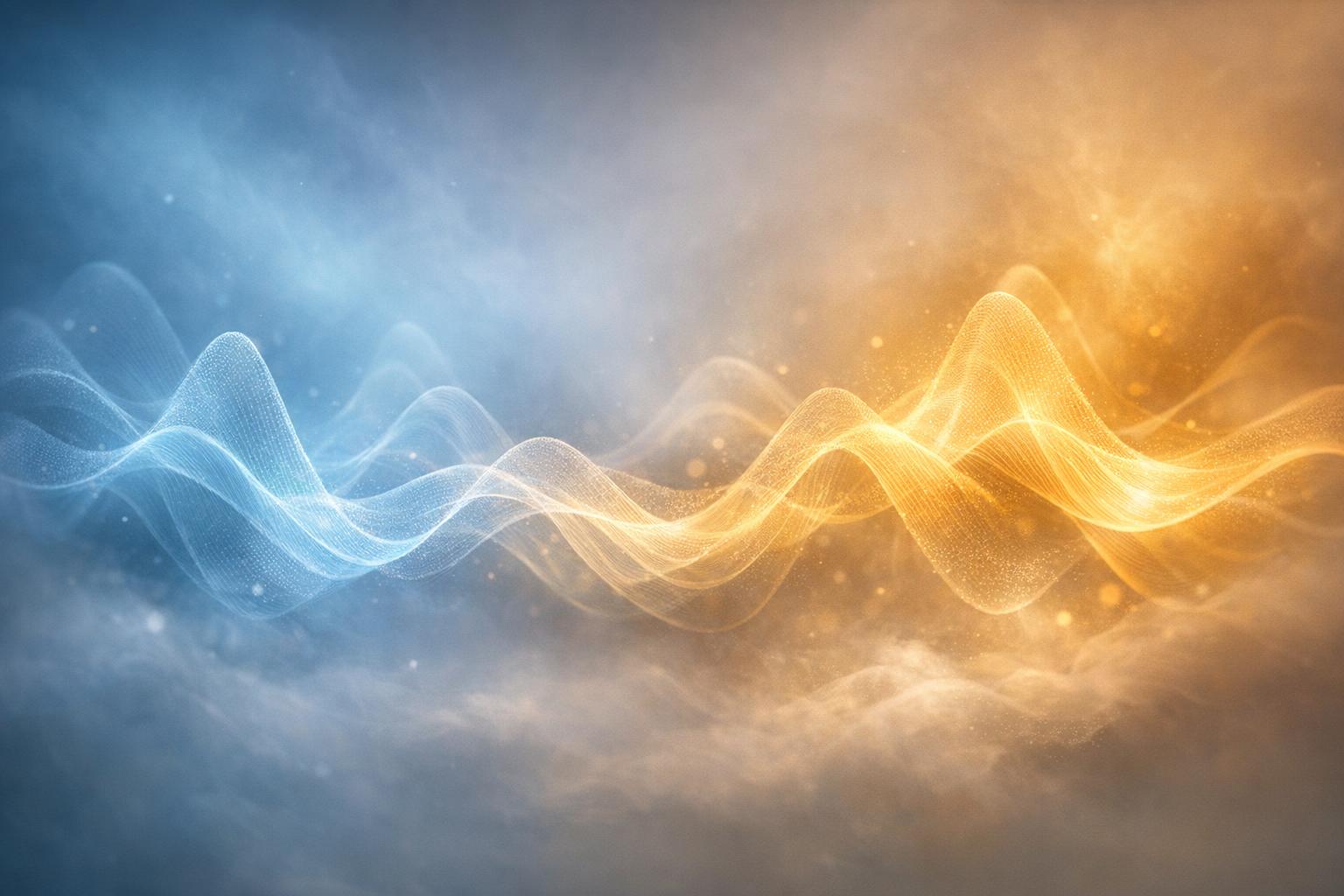 Abstract representation of sound waves in soft blue and gold tones illustrating the emotional depth of hearing.
