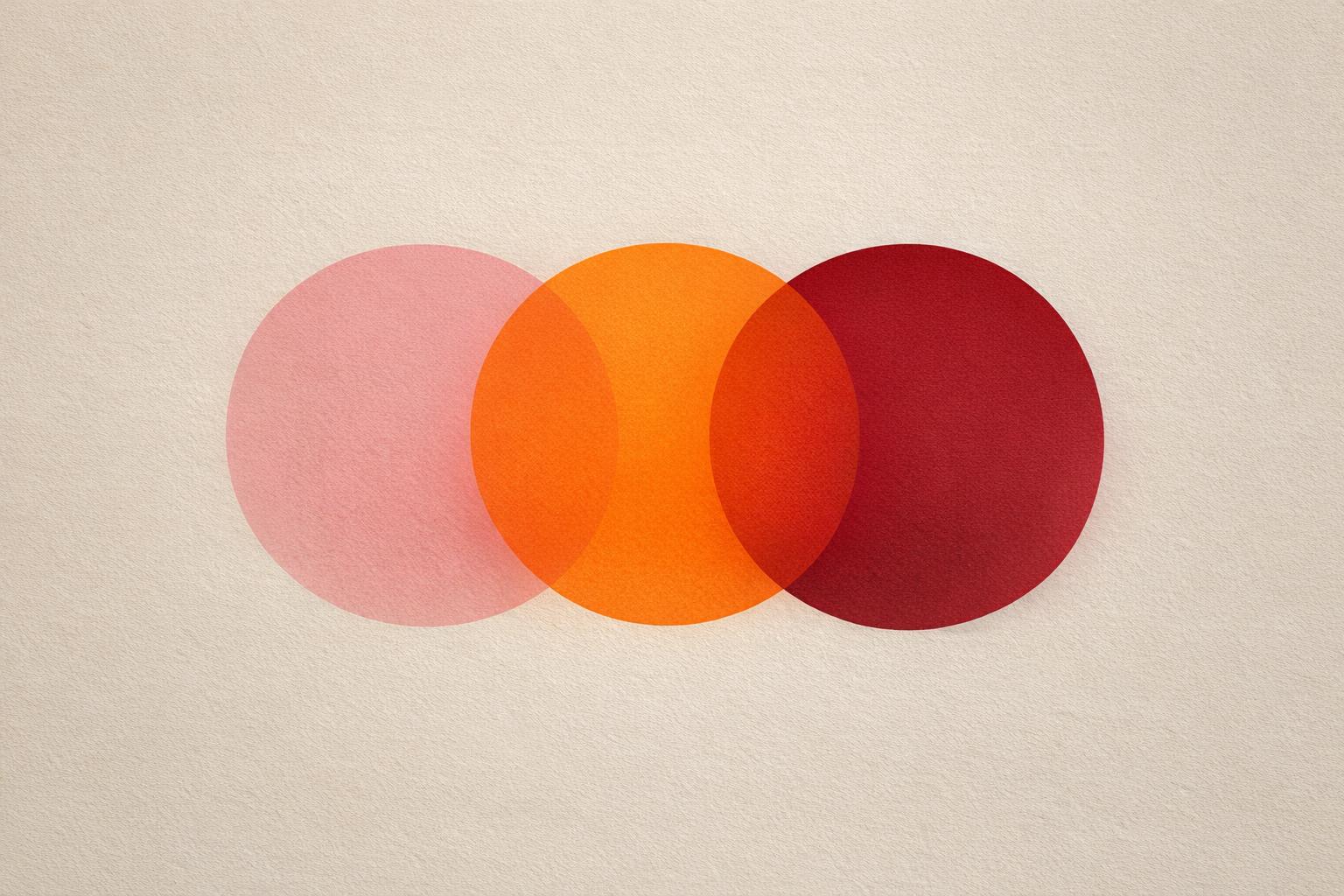 Abstract geometric shapes representing the differences between liking, attraction, and love using soft circles in warm shades over a neutral textured background.
