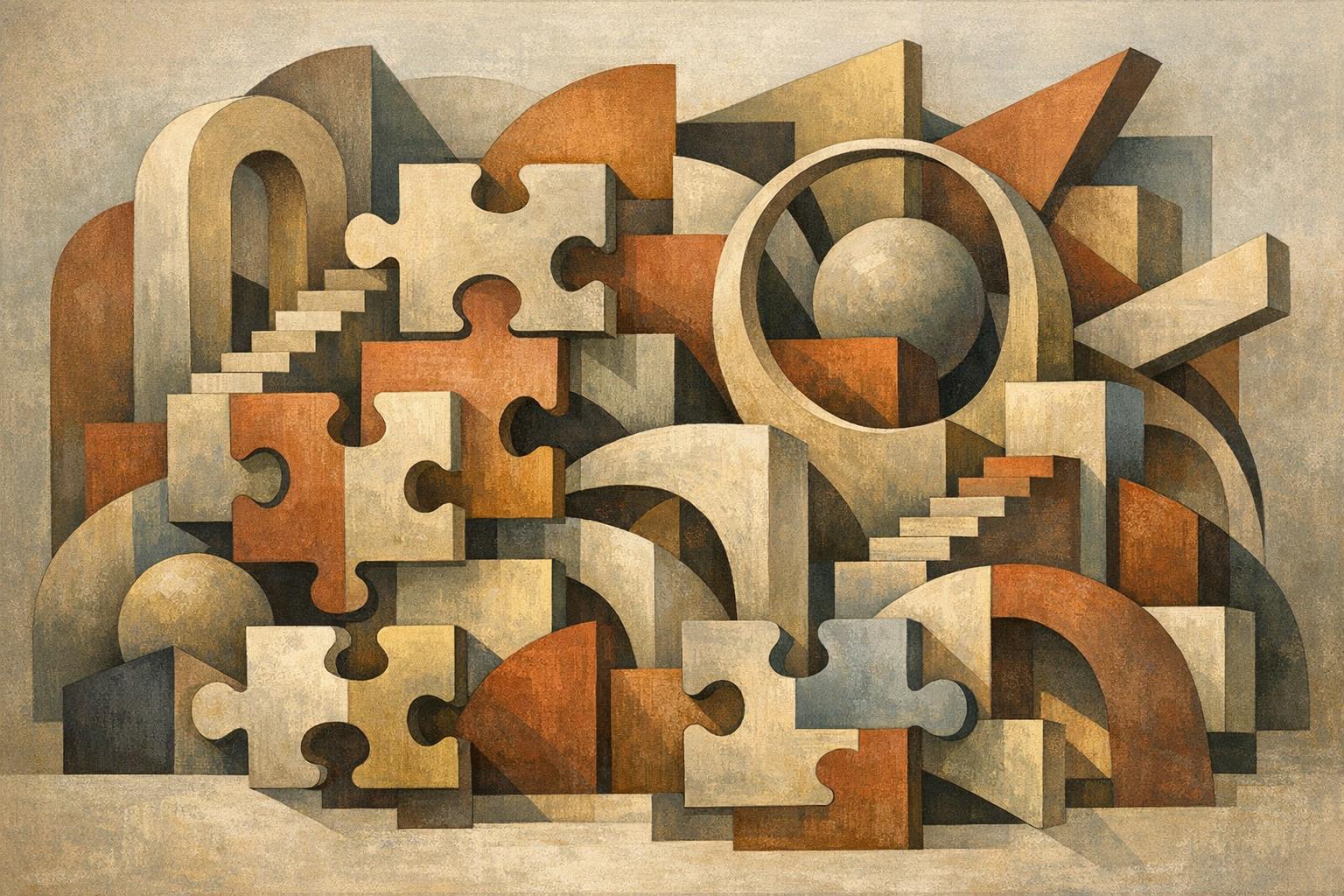 Geometric abstract architecture with puzzle elements symbolizing multiple aspects of intelligence beyond IQ
