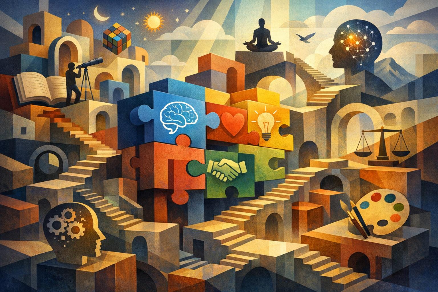 Seven symbolic icons arranged harmoniously to represent the seven different types of intelligence
