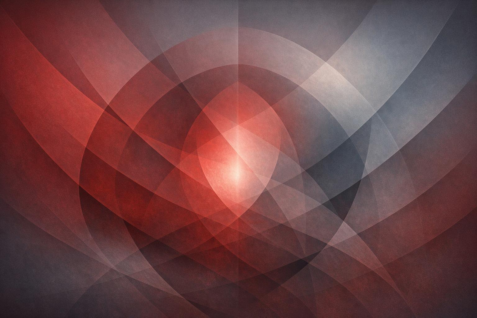 Abstract layered shapes in harmonious alignment with warm red and gray tones symbolizing focused consciousness and flow of psychic energy