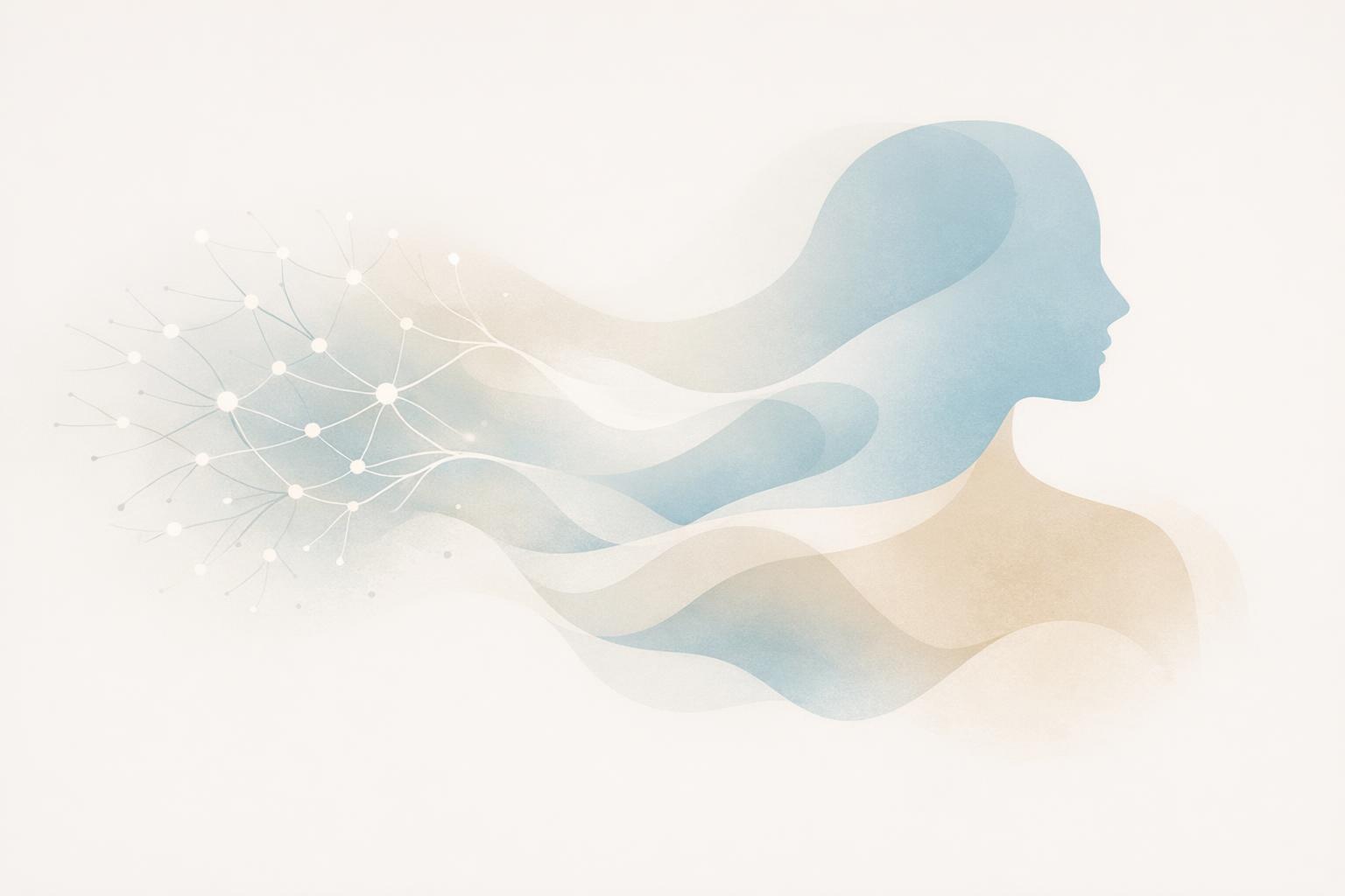 Abstract image illustrating the connection between mind and body through intertwined neural and organic shapes in calming colors
