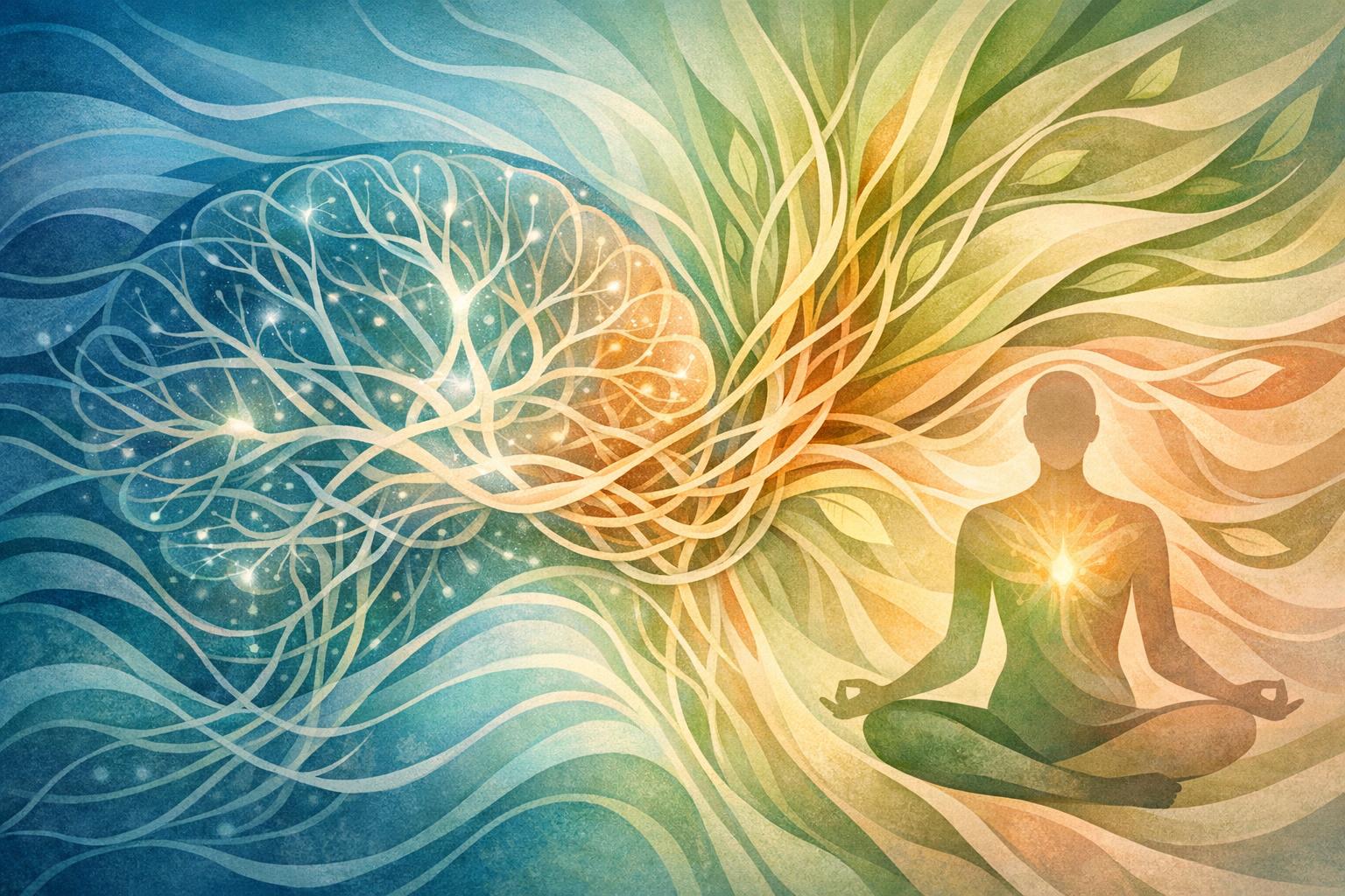 Abstract depiction of the mind-body feedback loop with interlocking circles and flowing lines in harmonious colors
