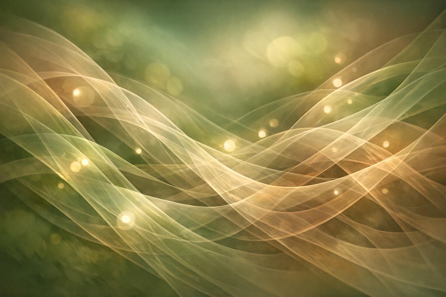 An abstract image of layered translucent waves and glowing orbs in green and brown tones representing subtle, non-verbal animal communication signals.
