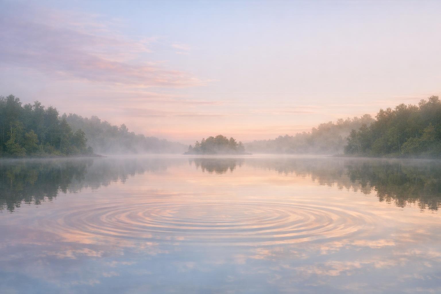 A serene, misty lake at dawn with gentle ripples reflecting the sky and surrounding trees, embodying the concept of the world mirroring inner consciousness.
