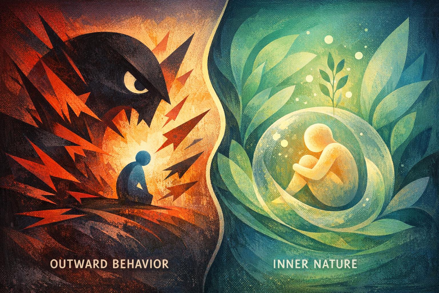 Symbolic energy currents illustrating the stable essence beneath variable outward forms.
