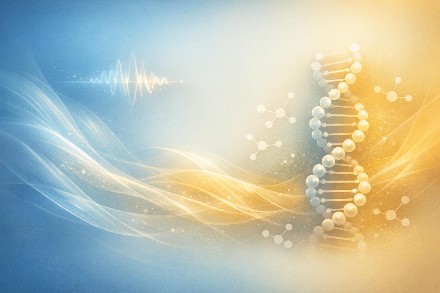 Abstract depiction of genes responding to shifting energy patterns symbolizing the influence of thought and consciousness on biology  
