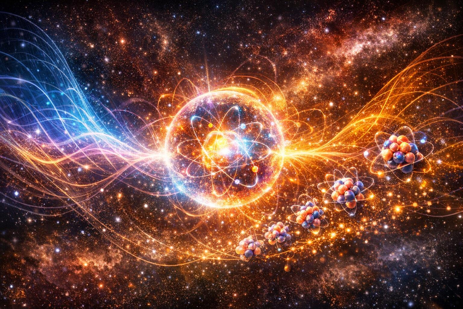 Abstract crystalline patterns forming from fluid energy symbolizing matter as shaped spirit and consciousness.
