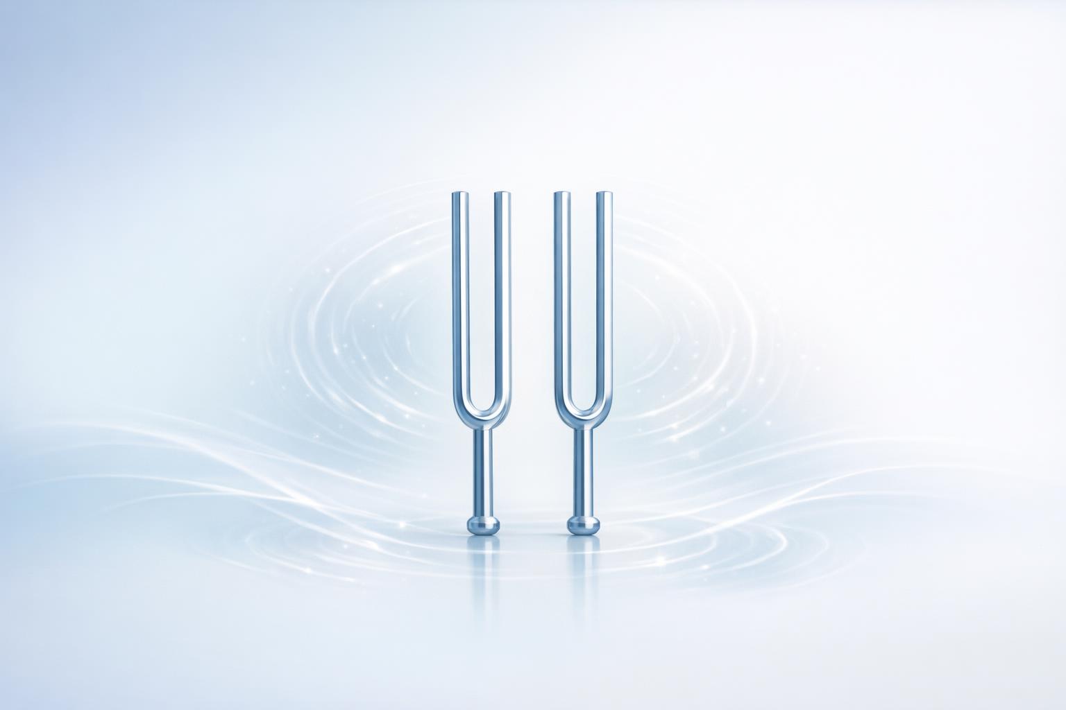 Two tuning forks emitting synchronized waves of light and energy symbolizing emotional entrainment and vibrational connection  
