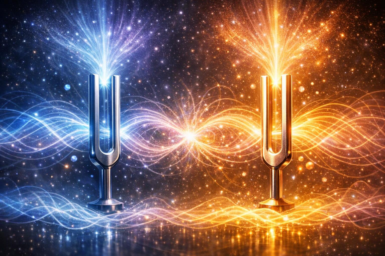 Abstract heart emitting an electromagnetic field intertwined with harmonious brain wave patterns, representing heart-brain synchronization and energetic influence  
