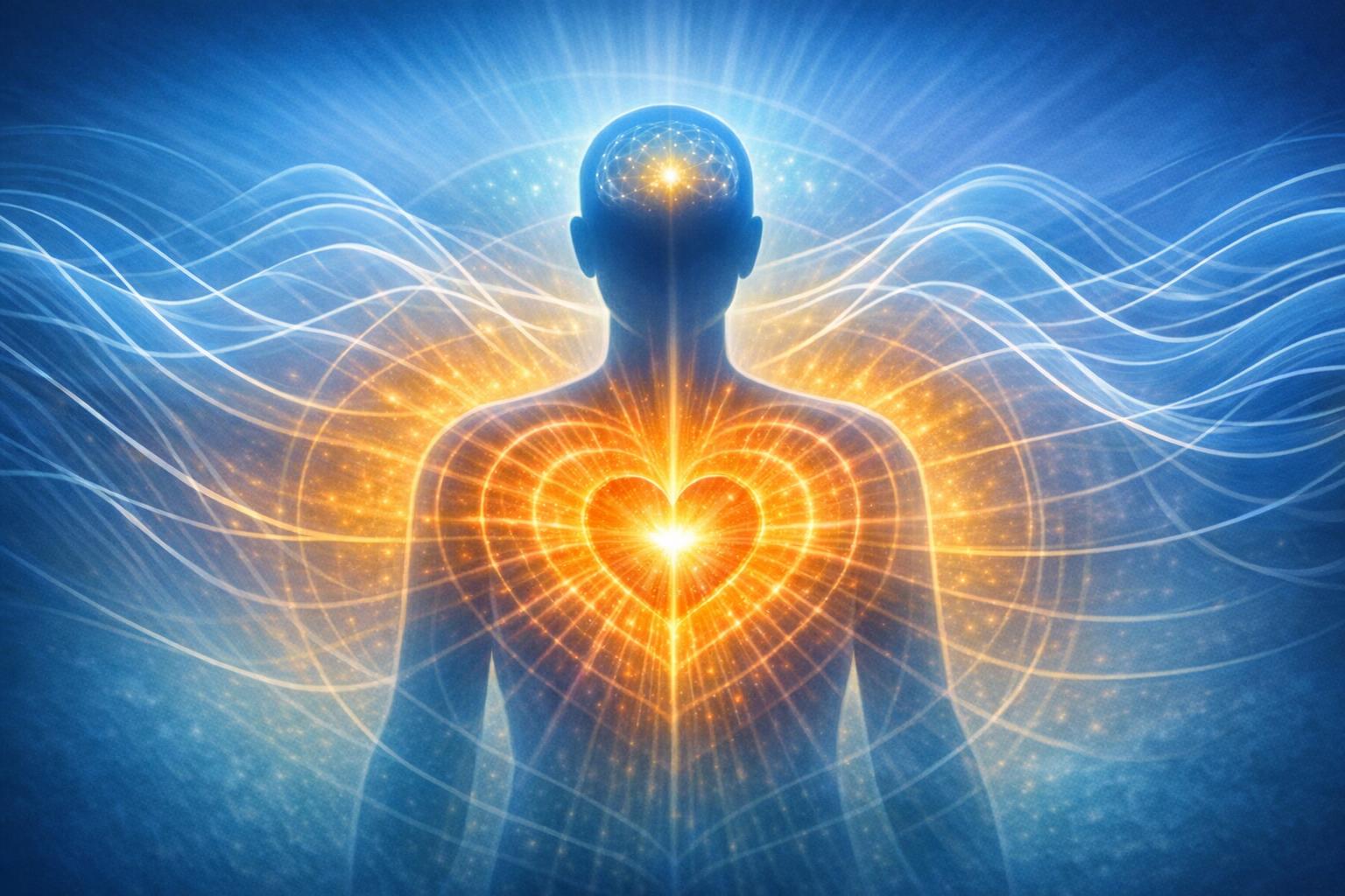 Interlocking brain and heart rhythm waveforms symbolizing emotional and spiritual connection and mutual influence through synchronization