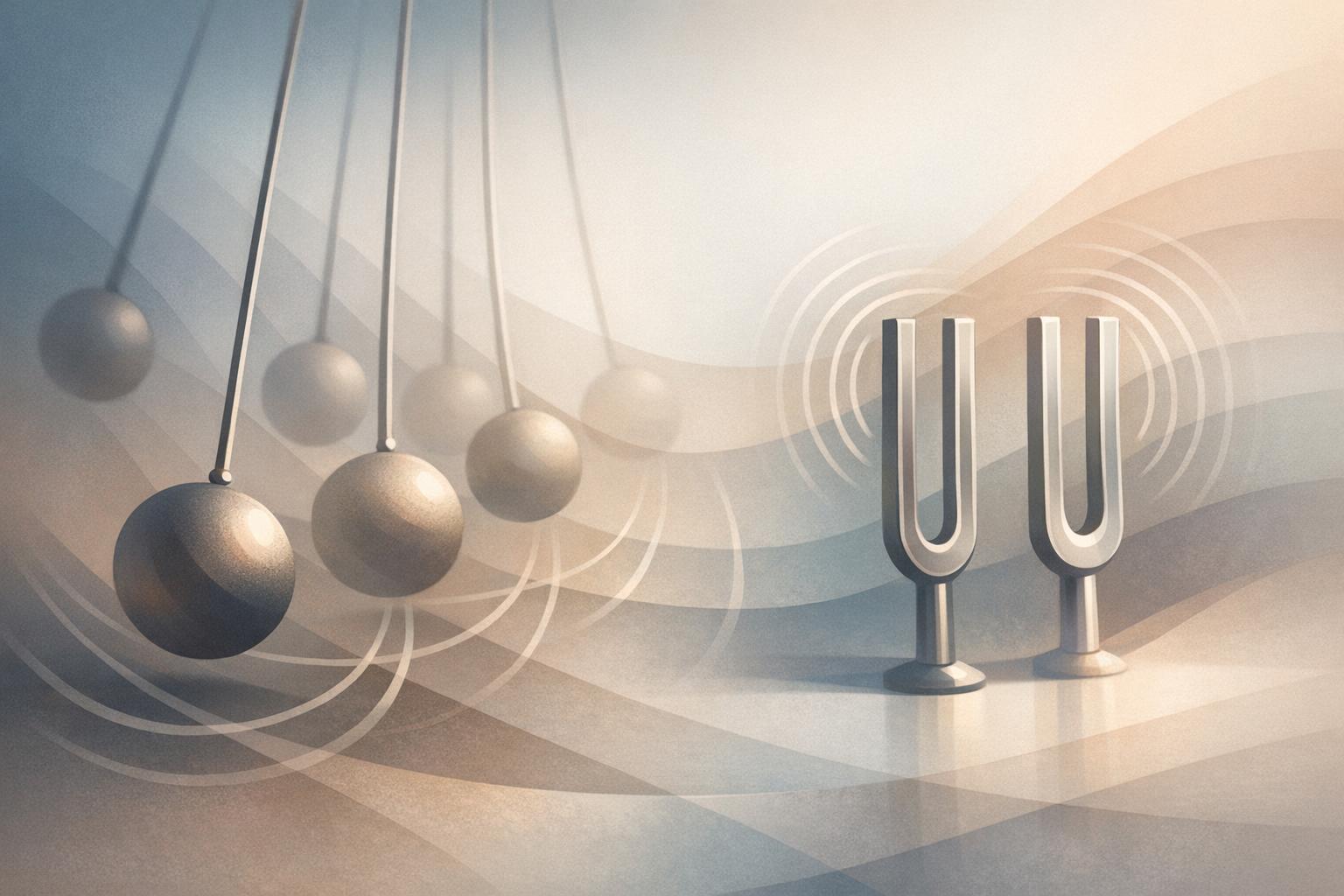 Abstract depiction of rhythmic synchronization using pendulums and tuning forks in a calm, harmonious scene.