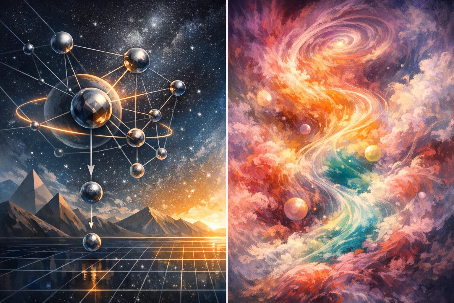 Abstract split landscape illustrating objective reality with geometric forms and natural laws on one side, and subjective experience with swirling colors on the other.