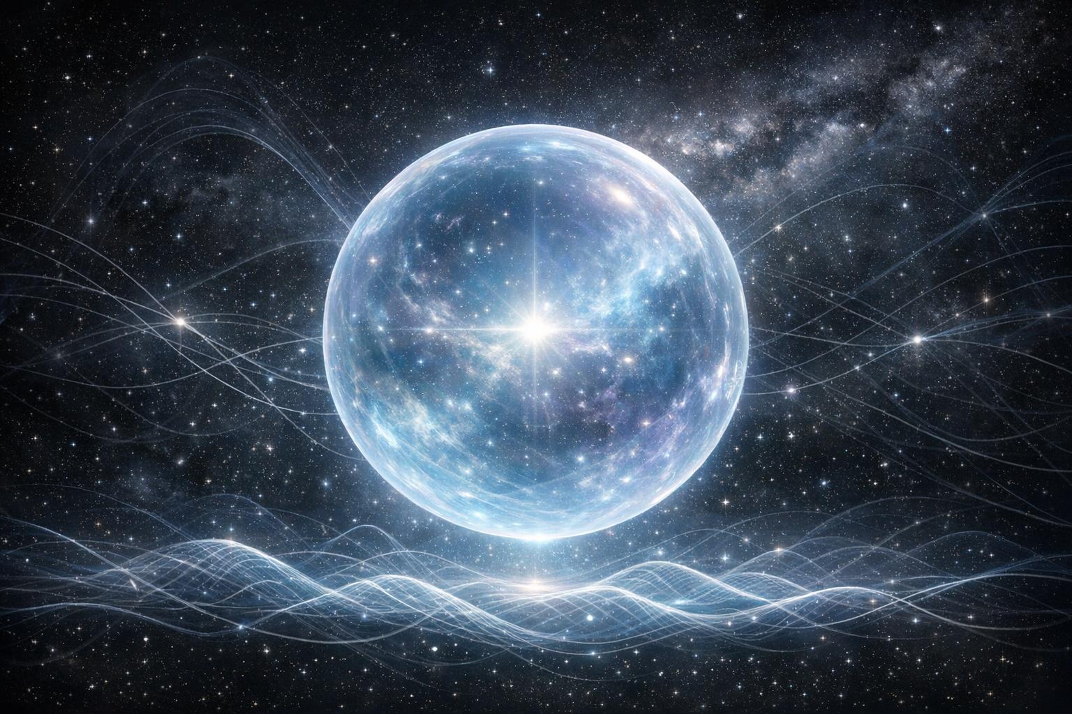 Layered abstraction with a crystalline base symbolizing objective truth and flowing colored light above representing subjective beliefs shaping experience.