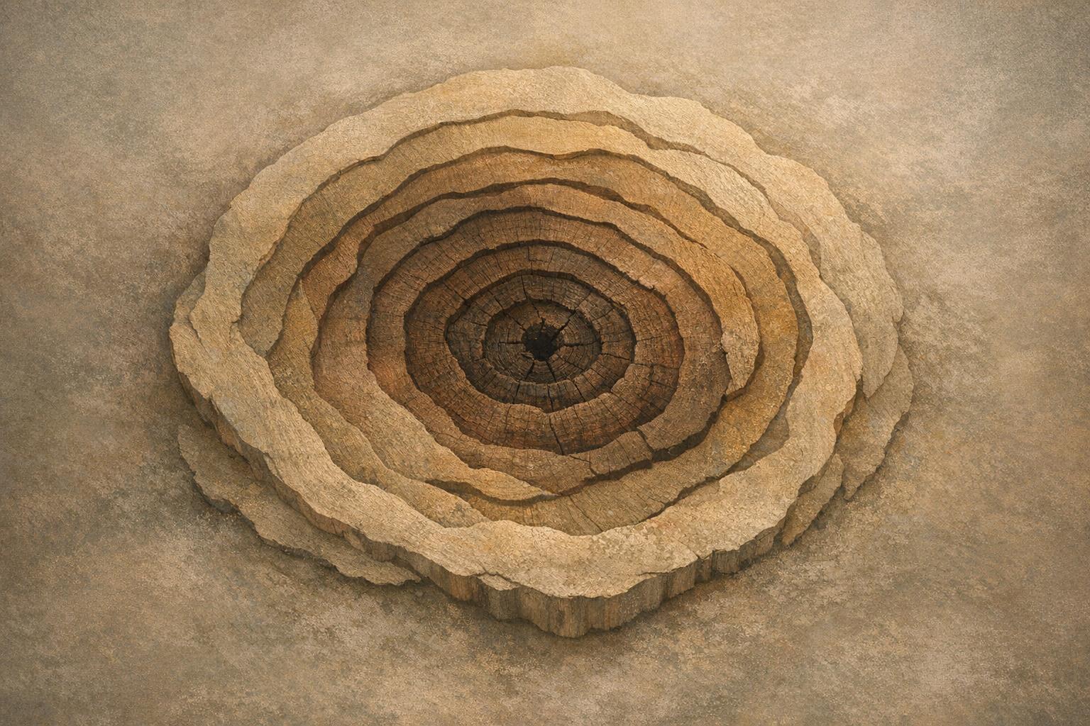 Close-up abstract view of layered tree rings representing the complexity and depth of deep-rooted beliefs
