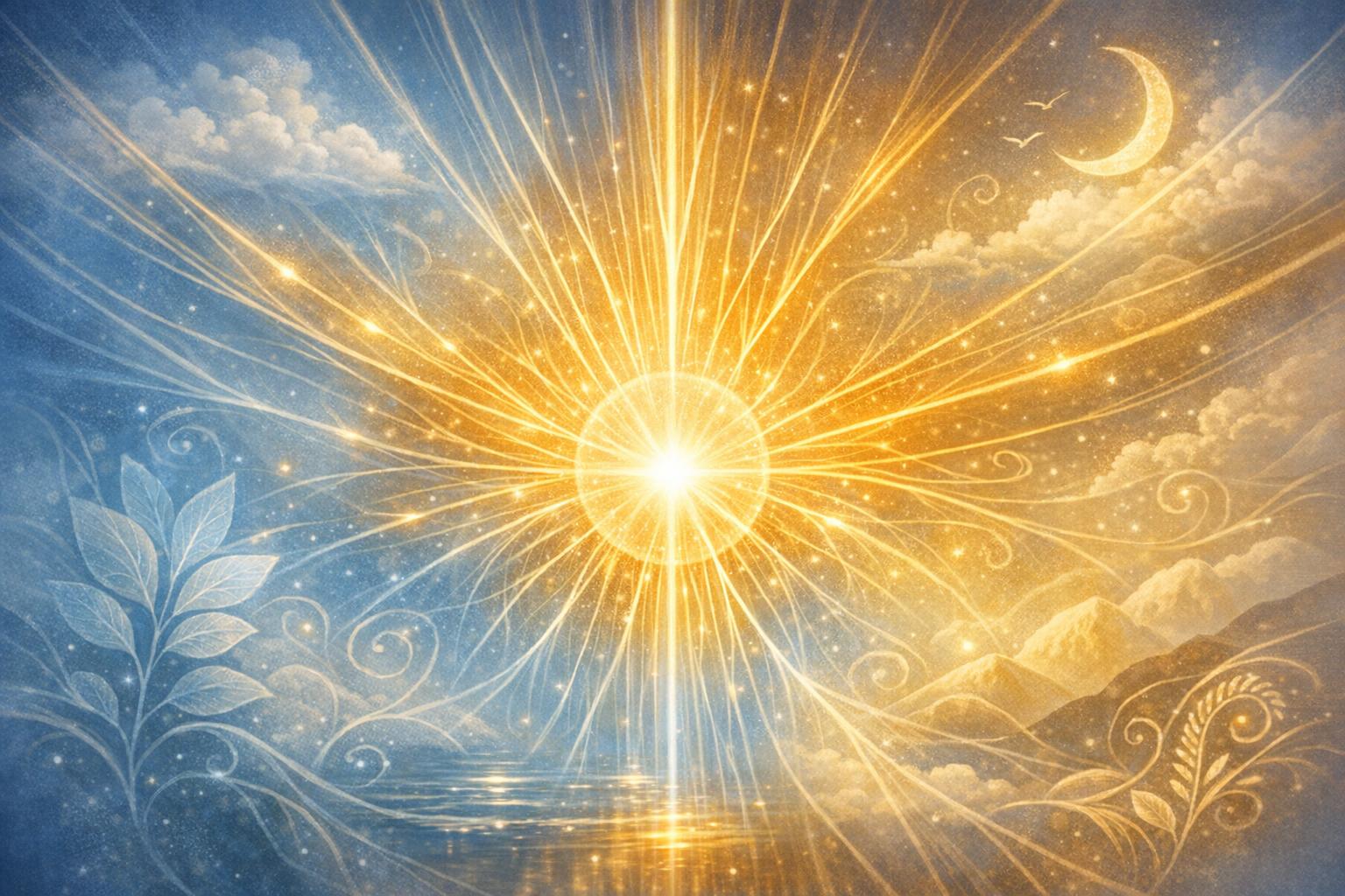 Glowing lines converging into a central sphere with organic shapes symbolizing natural laws, illustrating focused inner mental energy  
