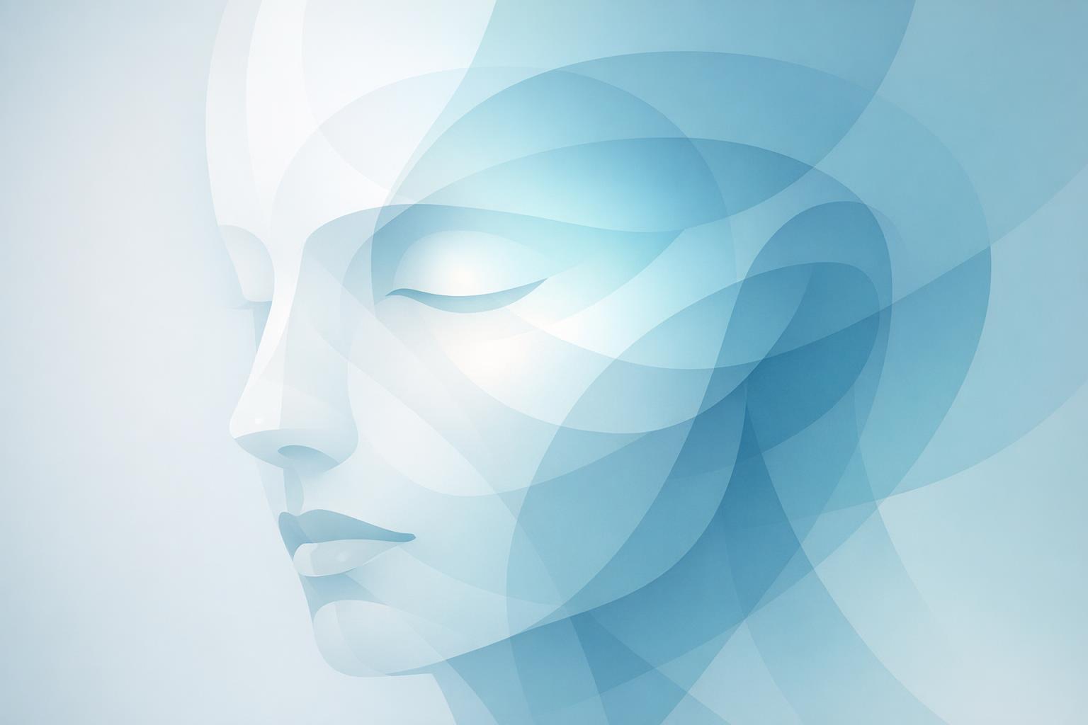 Abstract layered translucent face shapes with soft gradients symbolizing the mind reflected through facial features  
